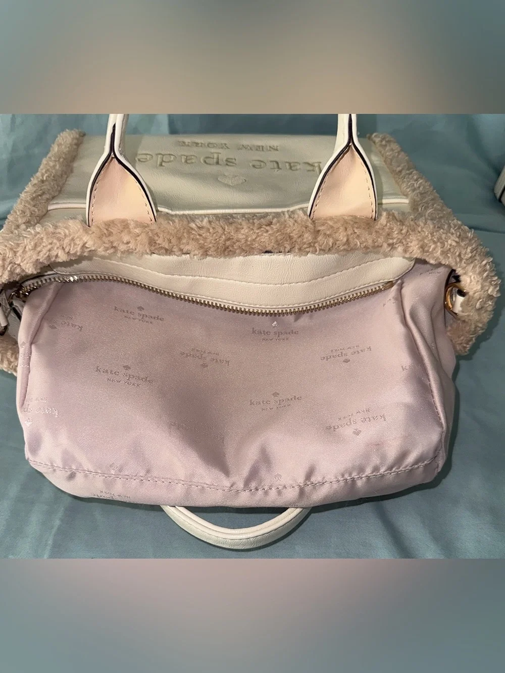 Kate Spade Jett Faux Shearling Trim Tote in Meringue or Cream Color - Picture 10 of 12